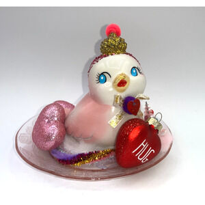 Vintage Pink Ceramic Bird Valentine's Day Prince Pink Glass Nest Acorn Hat OOAK